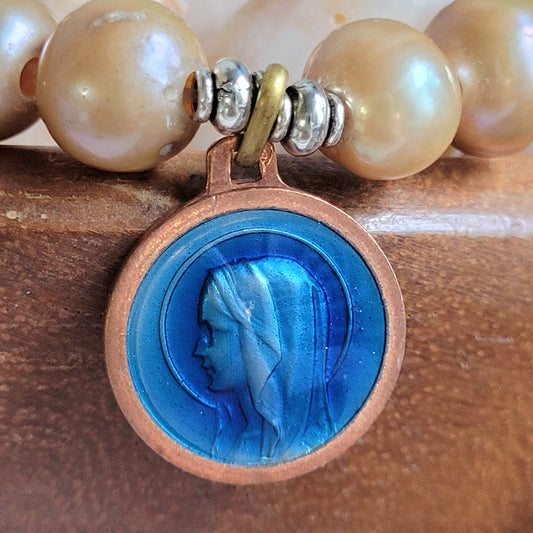 Gold Freshwater Pearl 10mm Beaded Bracelet w/ Copper Blue Enameled Vintage Medal of Our Lady of Lourdes from France