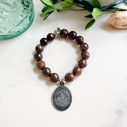 Bronzite Faceted 12mm Beaded Bracelet w/ Large Silver St. Benedict Medal from France