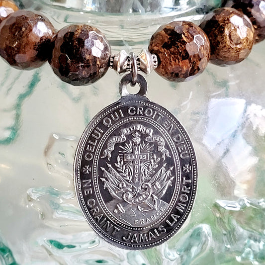 Bronzite Faceted 12mm Beaded Bracelet w/ Large Silver St. Benedict Medal from France