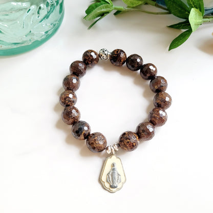 Bronzite Faceted 12mm Beaded Bracelet w/ Large Silver with Enamel Overlay Medal of The Miraculous Medal of Mary