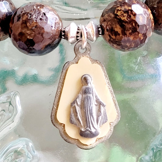 Bronzite Faceted 12mm Beaded Bracelet w/ Large Silver with Enamel Overlay Medal of The Miraculous Medal of Mary