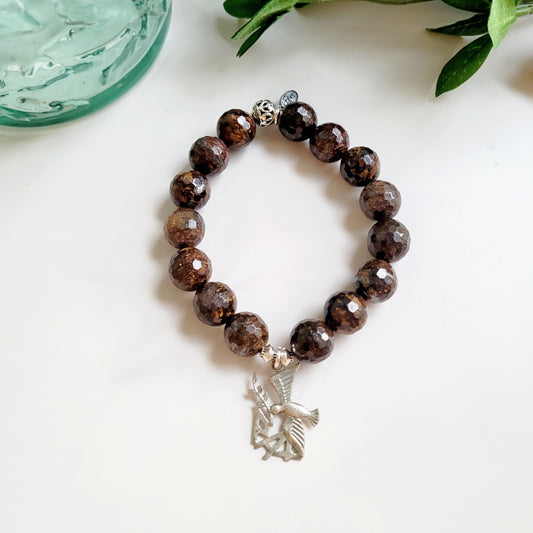 Bronzite Faceted 12mm Beaded Bracelet w/ Signed Sterling Silver Medal of The Holy Spirit