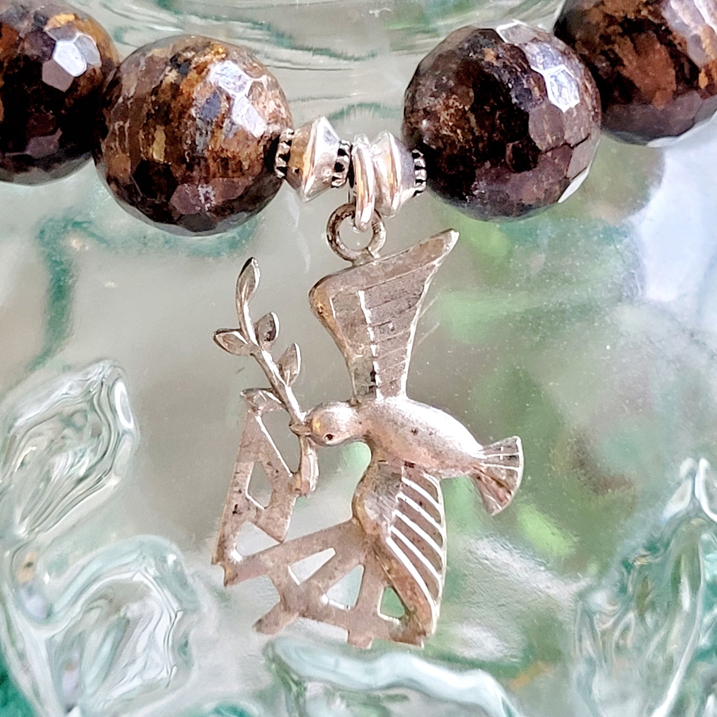 Bronzite Faceted 12mm Beaded Bracelet w/ Signed Sterling Silver Medal of The Holy Spirit