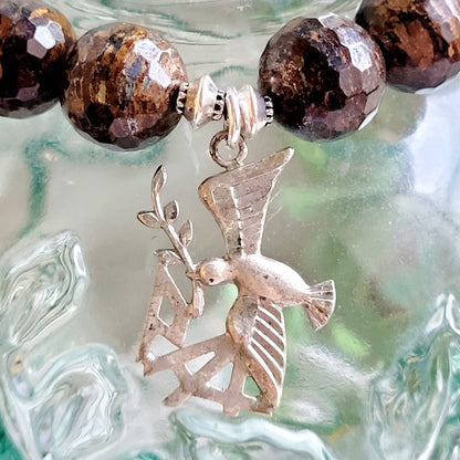 Bronzite Faceted 12mm Beaded Bracelet w/ Signed Sterling Silver Medal of The Holy Spirit