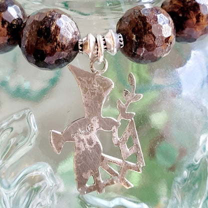 Bronzite Faceted 12mm Beaded Bracelet w/ Signed Sterling Silver Medal of The Holy Spirit