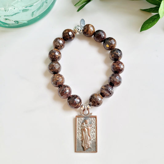 Bronzite Faceted 12mm Beaded Bracelet w/ Large Bronze Rectangular Medal Of Our Lady of the Snows