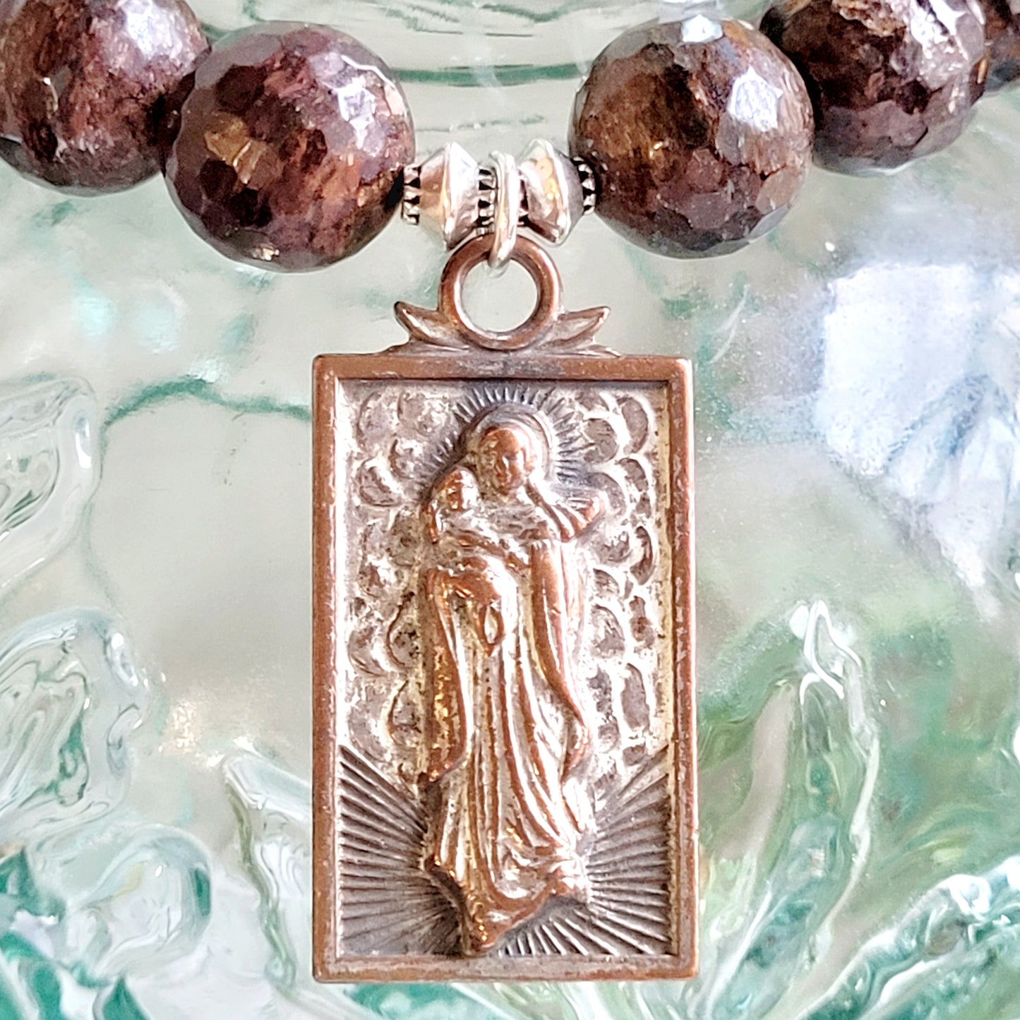 Bronzite Faceted 12mm Beaded Bracelet w/ Large Bronze Rectangular Medal Of Our Lady of the Snows