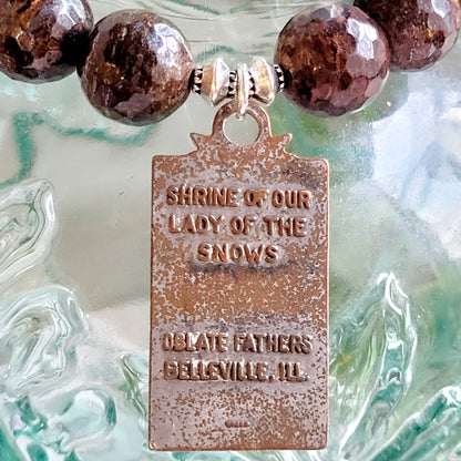 Bronzite Faceted 12mm Beaded Bracelet w/ Large Bronze Rectangular Medal Of Our Lady of the Snows