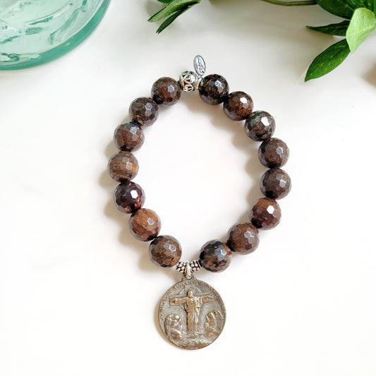 Bronzite Faceted 12mm Beaded Bracelet w/ Vintage Silver Medal Featuring Jesus Christ