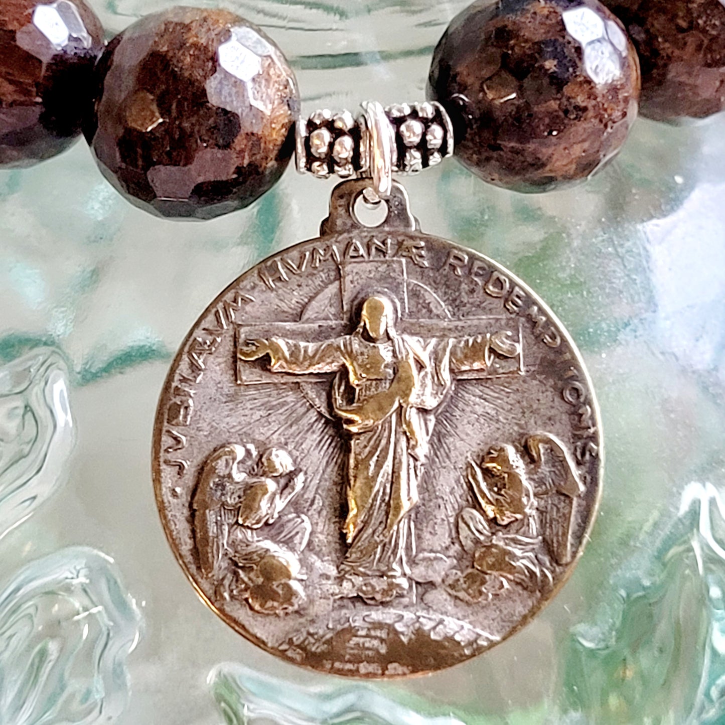 Bronzite Faceted 12mm Beaded Bracelet w/ Vintage Silver Medal Featuring Jesus Christ