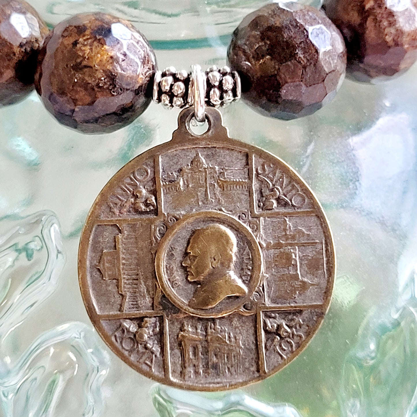 Bronzite Faceted 12mm Beaded Bracelet w/ Vintage Silver Medal Featuring Jesus Christ