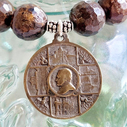 Bronzite Faceted 12mm Beaded Bracelet w/ Vintage Silver Medal Featuring Jesus Christ