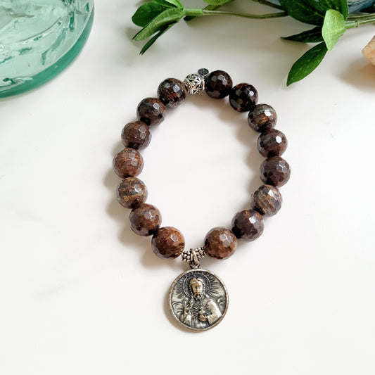 Bronzite Faceted 12mm Beaded Bracelet w/ Large Deeply Embossed Silver Medal of the Sacred Heart of Jesus