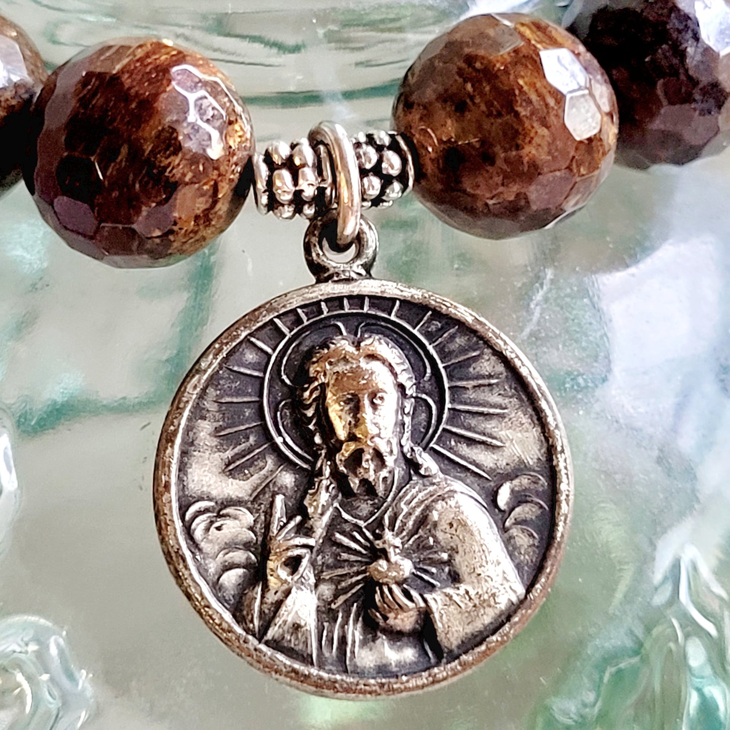 Bronzite Faceted 12mm Beaded Bracelet w/ Large Deeply Embossed Silver Medal of the Sacred Heart of Jesus