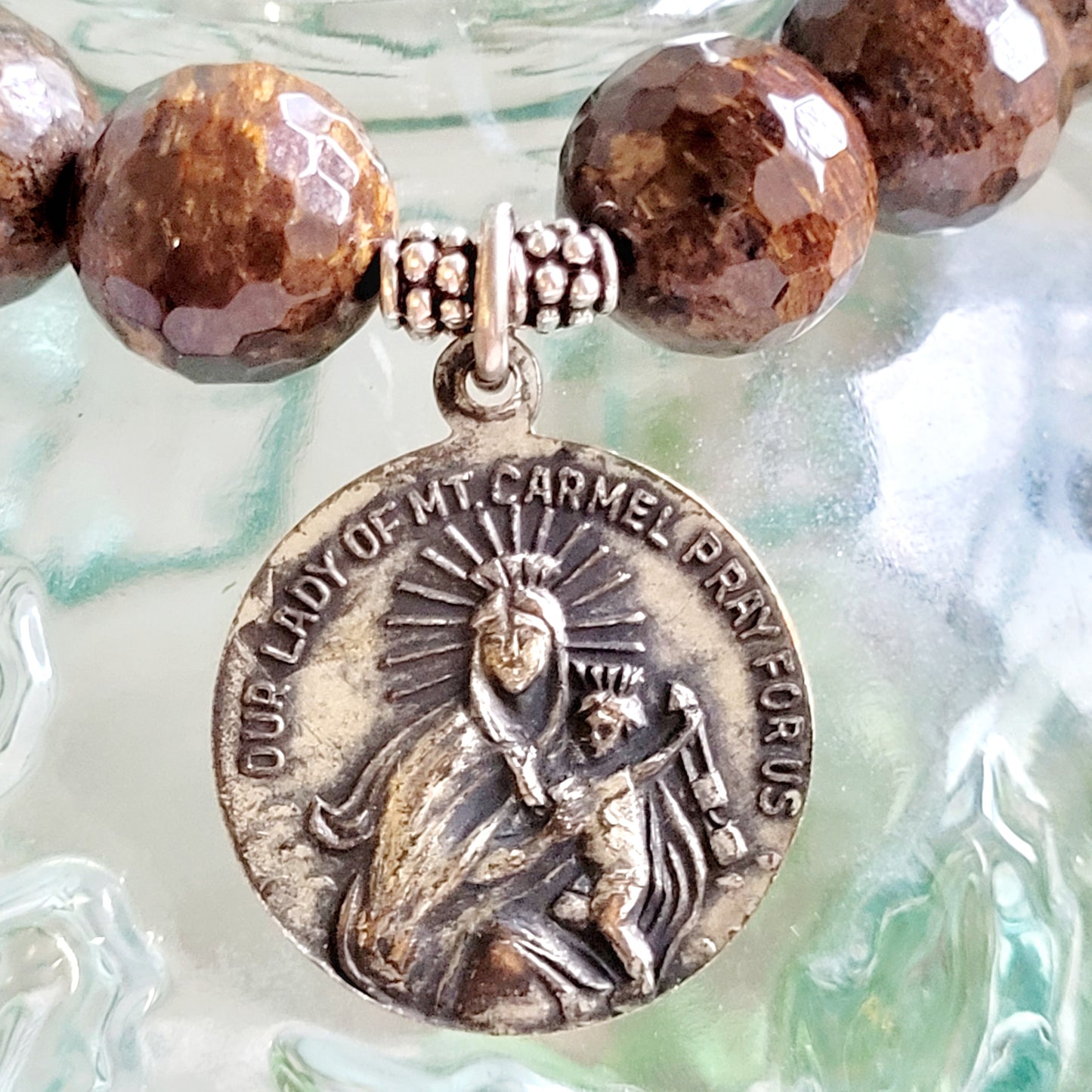 Bronzite Faceted 12mm Beaded Bracelet w/ Large Deeply Embossed Silver Medal of the Sacred Heart of Jesus