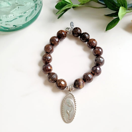 Bronzite Faceted 12mm Beaded Bracelet w/ Large Silver Oval Medal of Our Lady of Lourdes