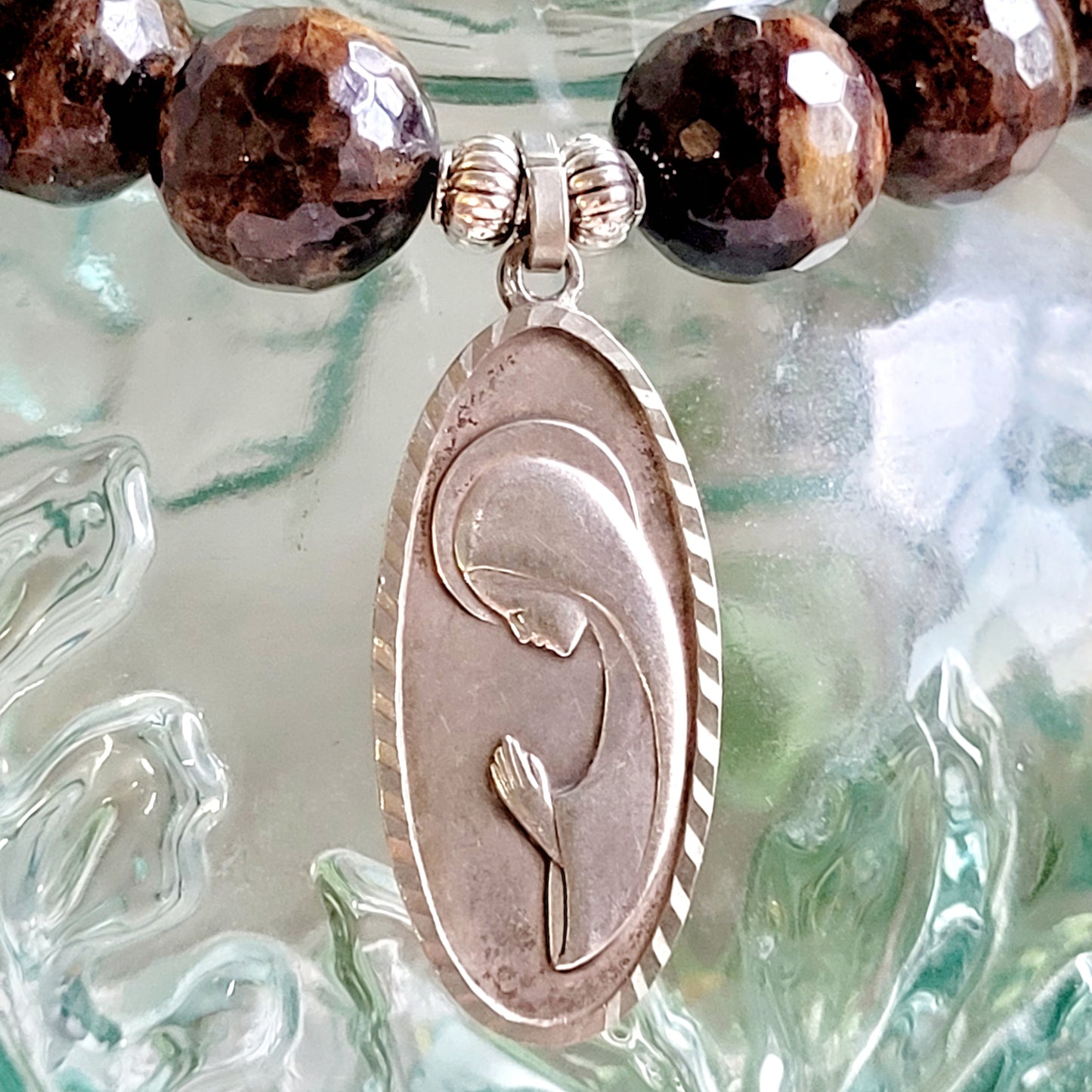 Bronzite Faceted 12mm Beaded Bracelet w/ Large Silver Oval Medal of Our Lady of Lourdes
