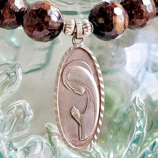 Bronzite Faceted 12mm Beaded Bracelet w/ Large Silver Oval Medal of Our Lady of Lourdes