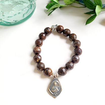 Bronzite Faceted 12mm Beaded Bracelet w/ Bronze Medal of St. Theresa of the Child Jesus