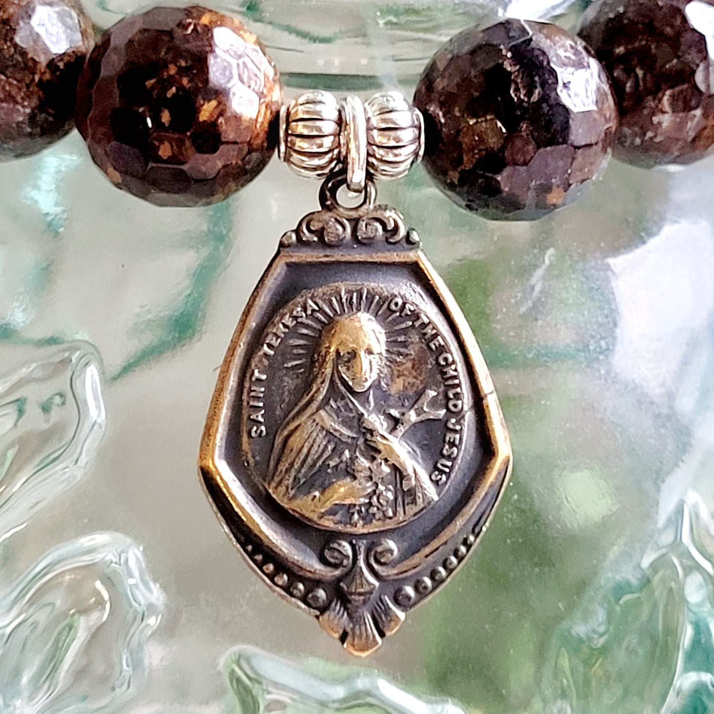 Bronzite Faceted 12mm Beaded Bracelet w/ Bronze Medal of St. Theresa of the Child Jesus