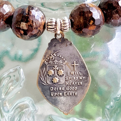 Bronzite Faceted 12mm Beaded Bracelet w/ Bronze Medal of St. Theresa of the Child Jesus