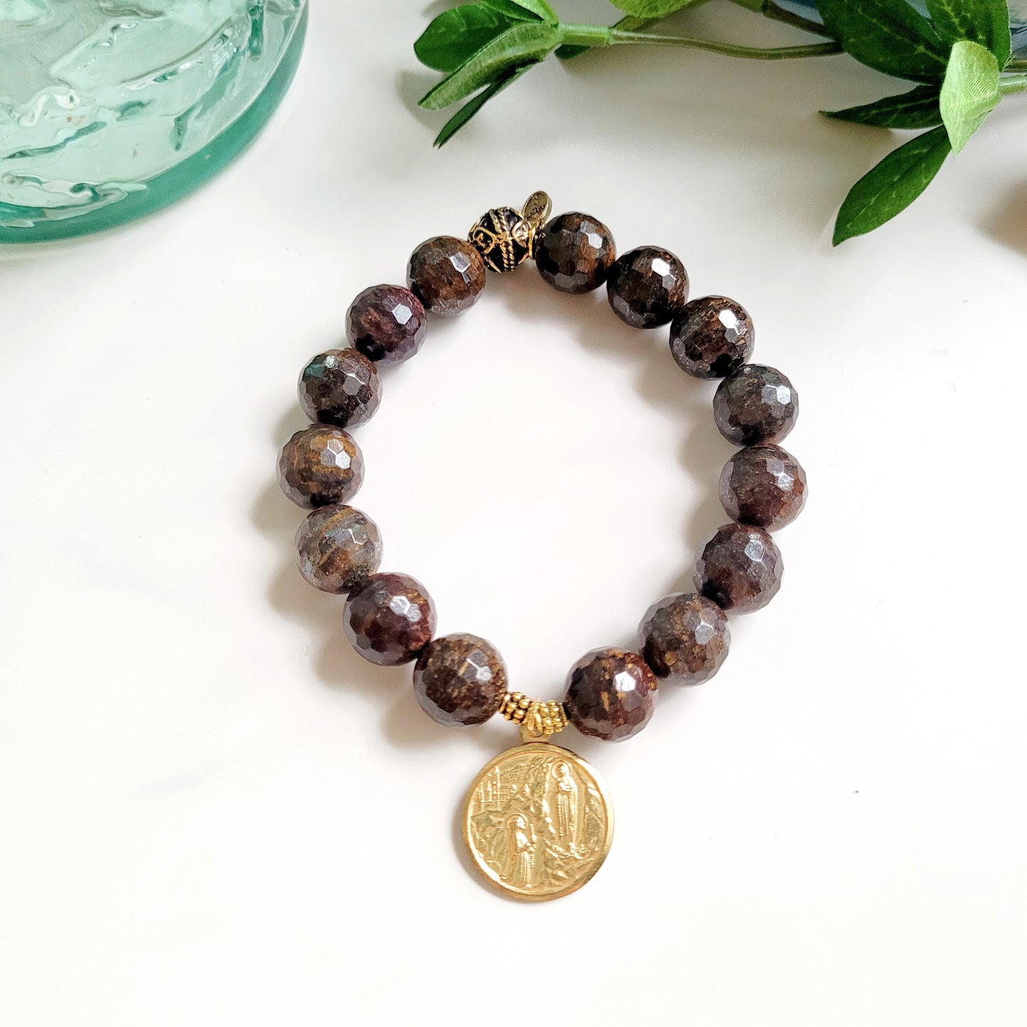 Bronzite Faceted 12mm Beaded Bracelet w/ Large Gold Plated Medal of Our Lady of Lourdes with St. Bernadette