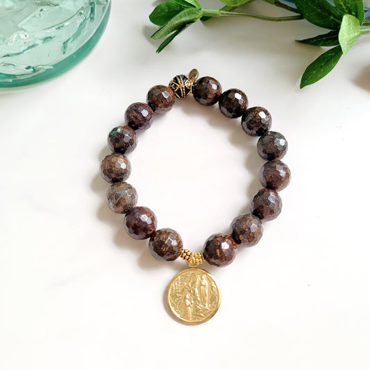 Bronzite Faceted 12mm Beaded Bracelet w/ Large Gold Plated Medal of Our Lady of Lourdes with St. Bernadette