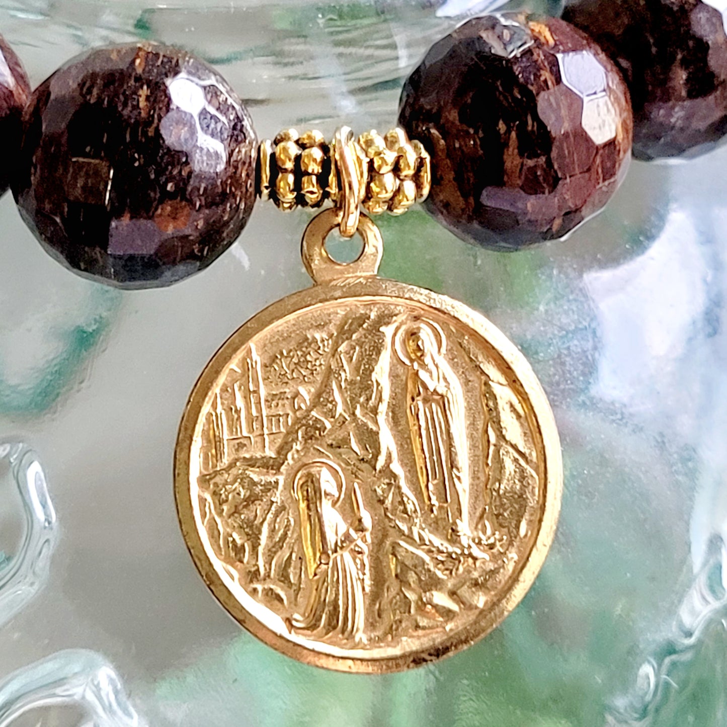 Bronzite Faceted 12mm Beaded Bracelet w/ Large Gold Plated Medal of Our Lady of Lourdes with St. Bernadette