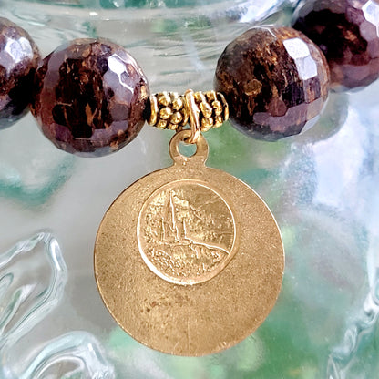 Bronzite Faceted 12mm Beaded Bracelet w/ Large Gold Plated Medal of Our Lady of Lourdes with St. Bernadette