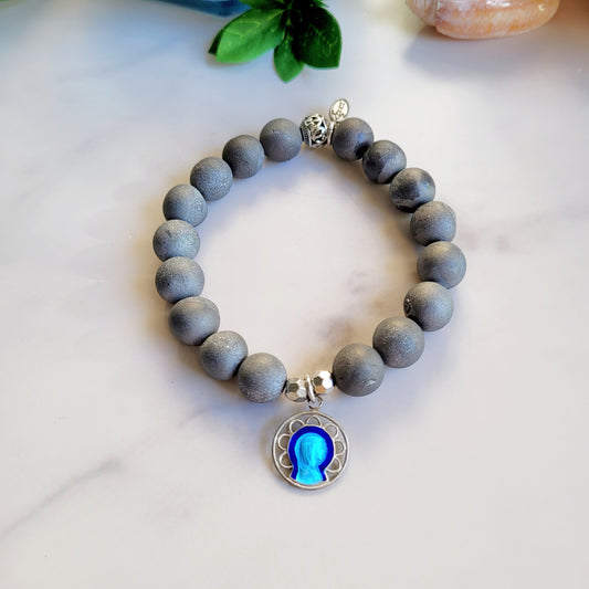 Druzy Agate Gray 10mm Beaded Bracelet with Blue Enameled Silver Medal of Our Lady of Lourdes from France