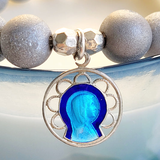 Druzy Agate Gray 10mm Beaded Bracelet with Blue Enameled Silver Medal of Our Lady of Lourdes from France