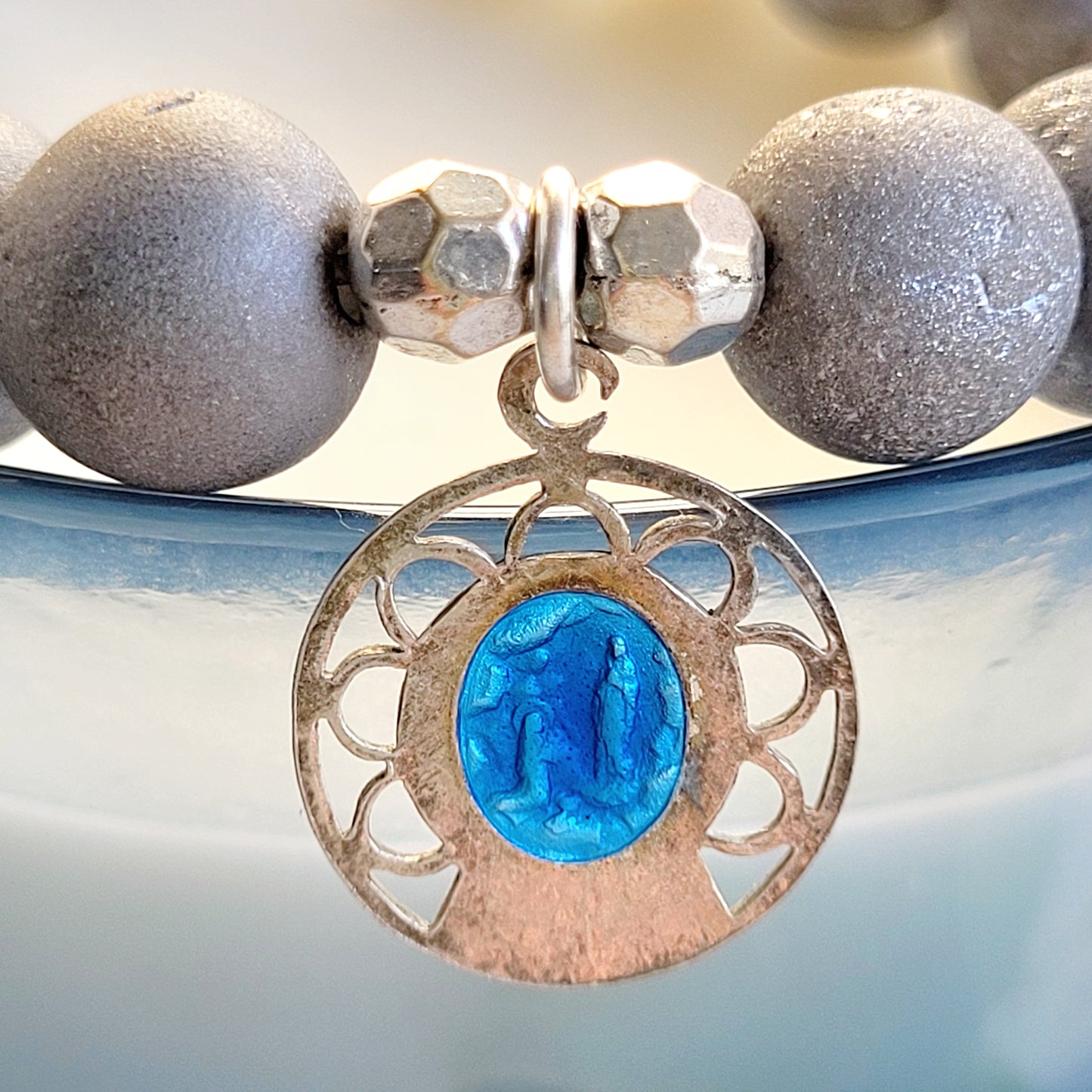 Druzy Agate Gray 10mm Beaded Bracelet with Blue Enameled Silver Medal of Our Lady of Lourdes from France