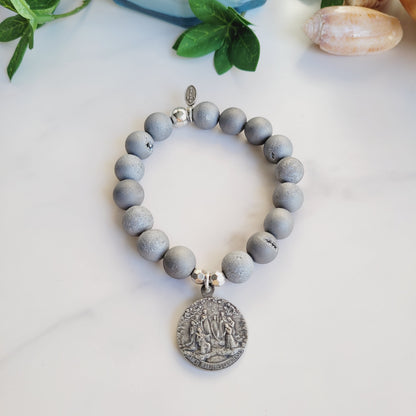 Druzy Agate Gray 10mm Beaded Bracelet w/ Vintage Deeply Embossed Silver Plated Medal of The Canadian Martyrs