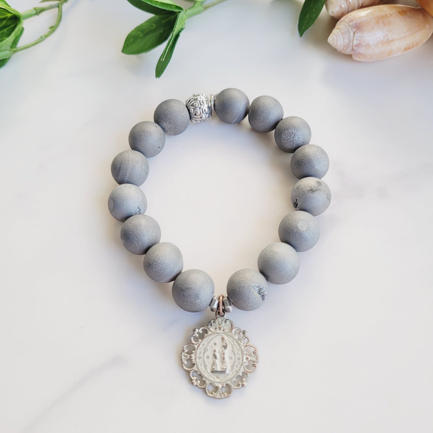 Druzy Agate Gray 12mm Beaded Bracelet with Sacred Heart of Jesus Antique Silver Medal