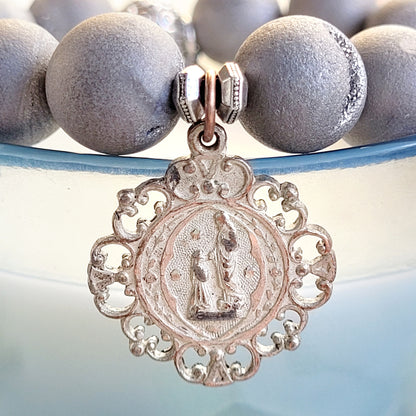 Druzy Agate Gray 12mm Beaded Bracelet with Sacred Heart of Jesus Antique Silver Medal