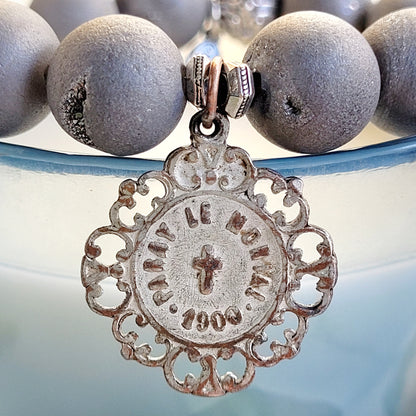 Druzy Agate Gray 12mm Beaded Bracelet with Sacred Heart of Jesus Antique Silver Medal