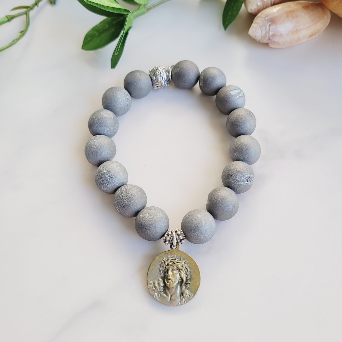 Druzy Agate Gray 12mm Beaded Bracelet w/ Large Bronze Medal of Christ with the Crown of Thorns