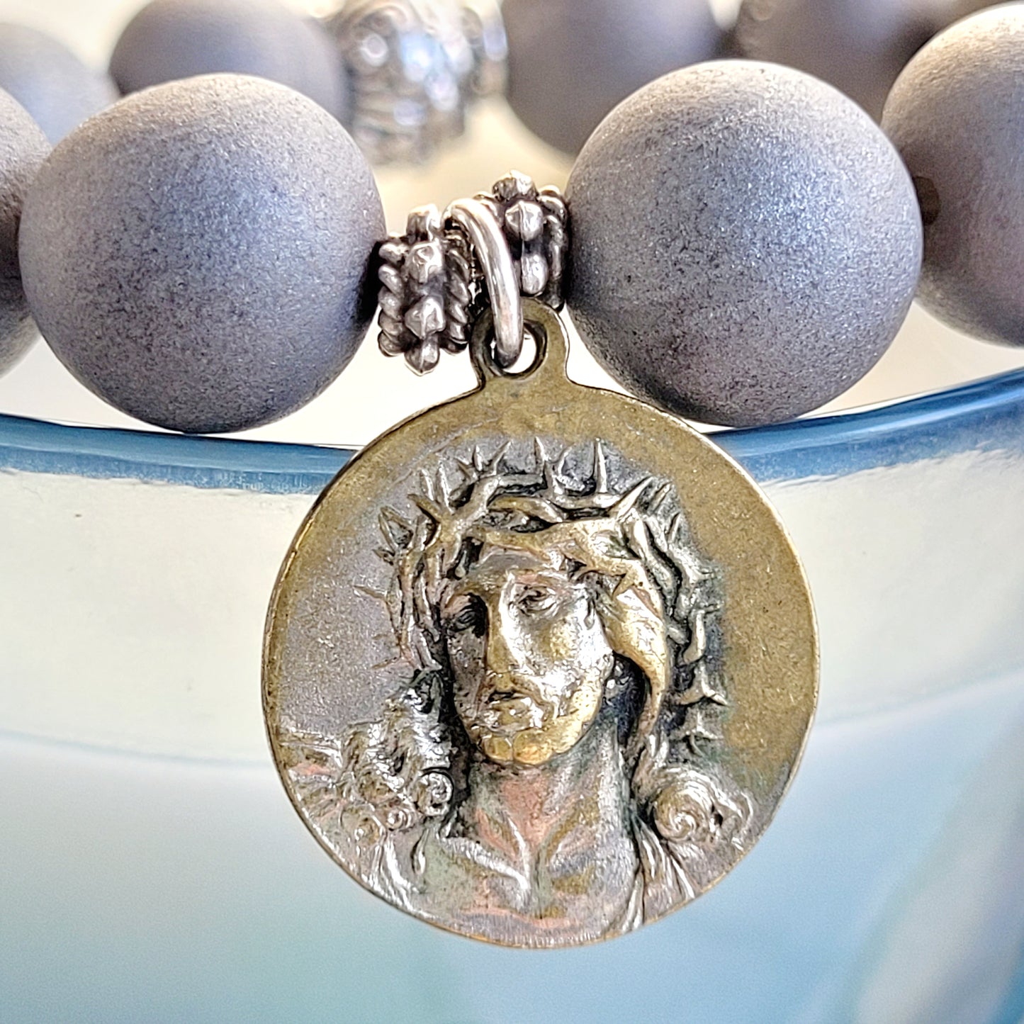 Druzy Agate Gray 12mm Beaded Bracelet w/ Large Bronze Medal of Christ with the Crown of Thorns