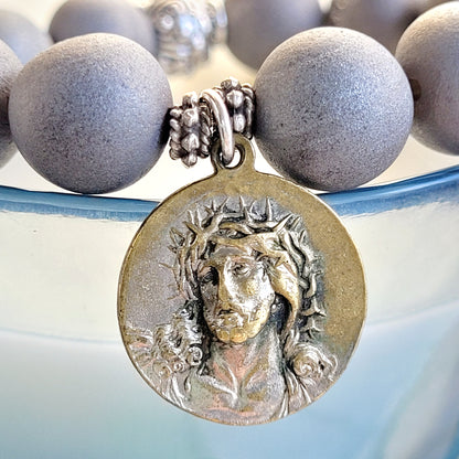 Druzy Agate Gray 12mm Beaded Bracelet w/ Large Bronze Medal of Christ with the Crown of Thorns