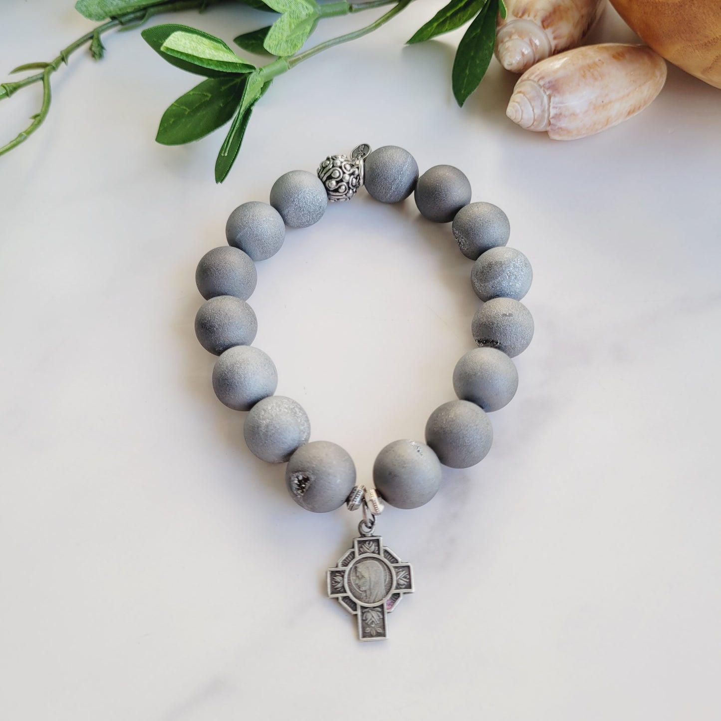 Druzy Agate Gray 12mm Beaded Bracelet w/ Vintage Silver Plated Cross & Our Lady of Lourdes