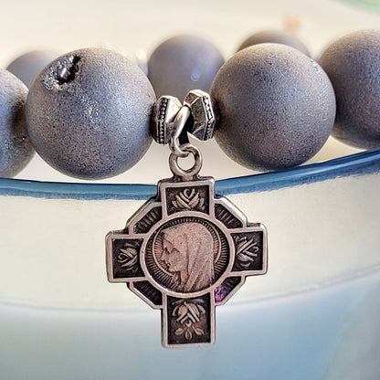 Druzy Agate Gray 12mm Beaded Bracelet w/ Vintage Silver Plated Cross & Our Lady of Lourdes