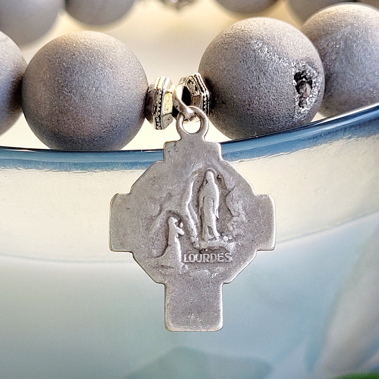 Druzy Agate Gray 12mm Beaded Bracelet w/ Vintage Silver Plated Cross & Our Lady of Lourdes