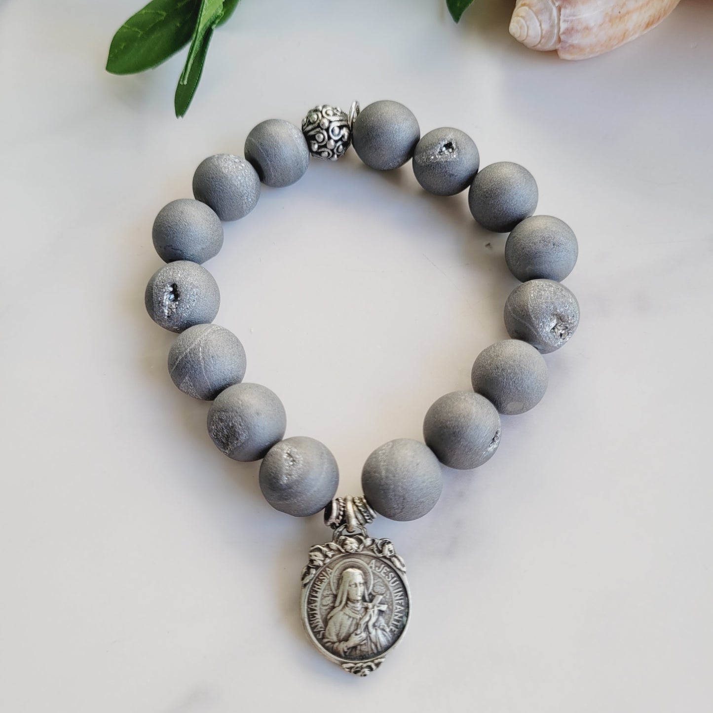 Druzy Agate Gray 12mm Beaded Bracelet with a Vintage Art Deco Medal of St. Therese of the Child Jesus