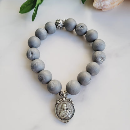 Druzy Agate Gray 12mm Beaded Bracelet with a Vintage Art Deco Medal of St. Therese of the Child Jesus