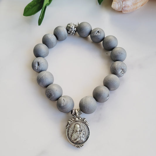 Druzy Agate Gray 12mm Beaded Bracelet with a Vintage Art Deco Medal of St. Therese of the Child Jesus