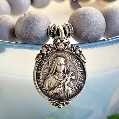Druzy Agate Gray 12mm Beaded Bracelet with a Vintage Art Deco Medal of St. Therese of the Child Jesus