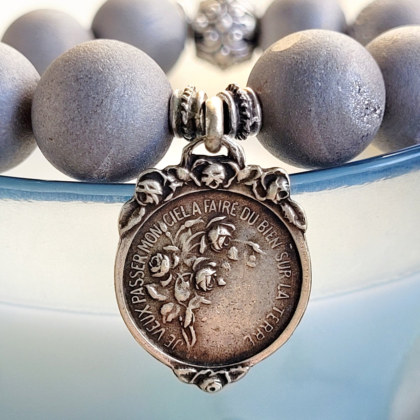 Druzy Agate Gray 12mm Beaded Bracelet with a Vintage Art Deco Medal of St. Therese of the Child Jesus