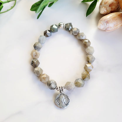 Labradorite Star Cut Faceted 8mm Beaded Bracelet w/ Vintage Art Deco Medal of Our Lady of Lourdes.