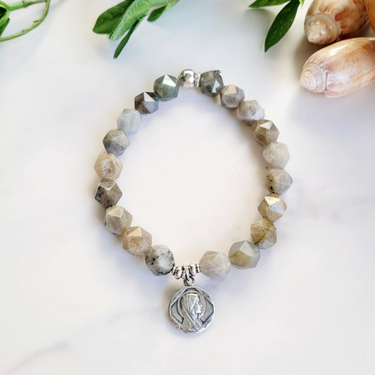Labradorite Star Cut Faceted 8mm Beaded Bracelet w/ Vintage Art Deco Medal of Our Lady of Lourdes.