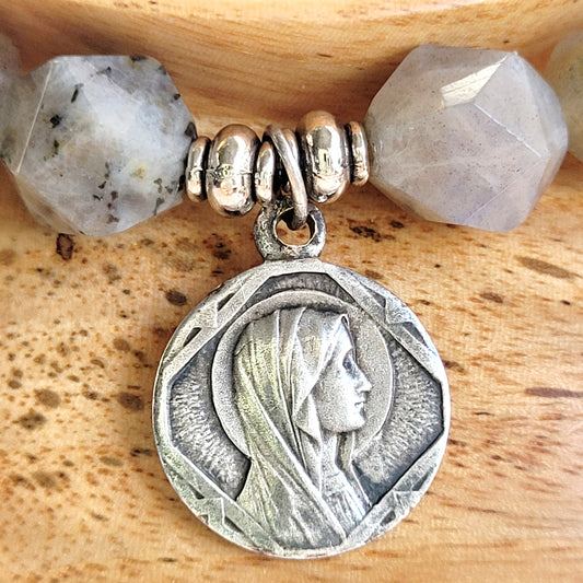 Labradorite Star Cut Faceted 8mm Beaded Bracelet w/ Vintage Art Deco Medal of Our Lady of Lourdes.